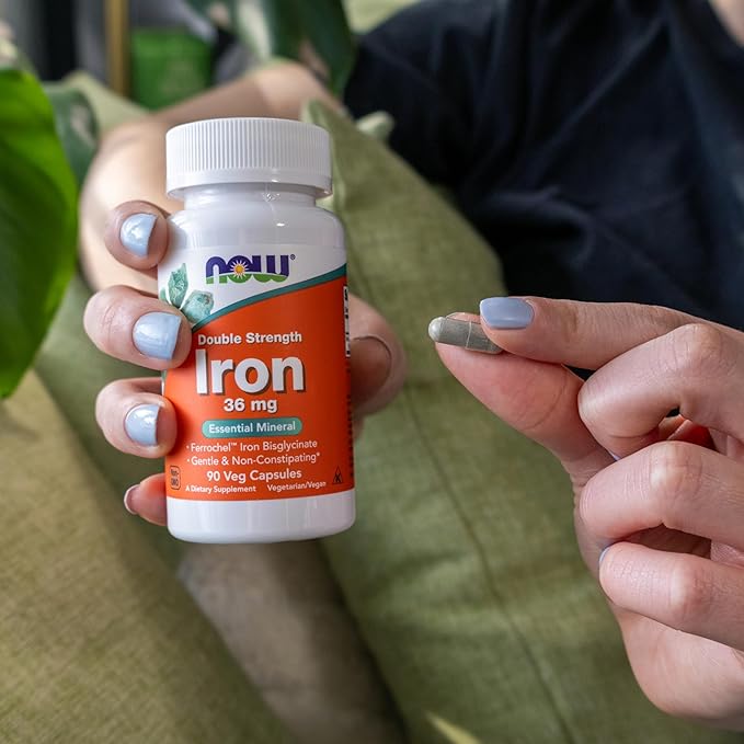 NOW Supplements, Iron 36 mg, Double Strength, Non-Constipating*, Essential Mineral, 90 Veg Capsules