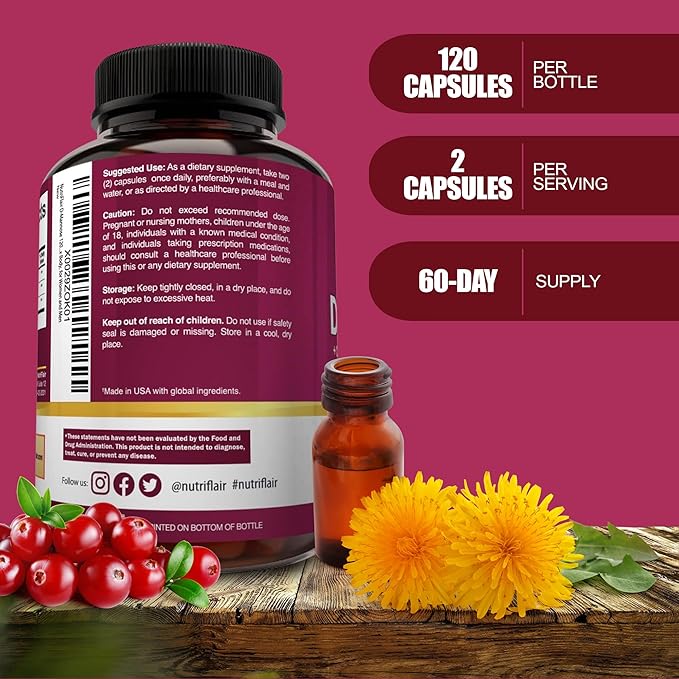 NutriFlair D-Mannose 120 Capsules, 1500mg - with Cranberry and Dandelion Extract - Natural Urinary Tract Health UTI Support - Best D Mannose Powder - Flush Impurities, Detox Body, for Women and Men