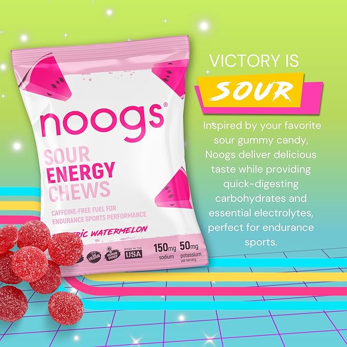 Noogs Sour Energy Chews, Electric Watermelon Electrolyte Energy Gummies, Sour Candy Flavored Alternative to Running Gels, Vegan, Gluten Free & Caffeine Free, 12 Pack