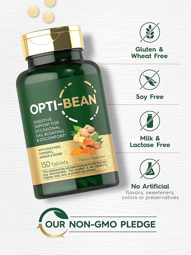 Carlyle Opti-Bean | 150 Tablets | Digestive Support | Gas, Bloating & Discomfort Enzyme Blend | Vegetarian, Non-GMO & Gluten Free Supplement