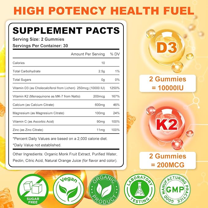 Vitamin D3 K2 Gummies for Women & Men, 6-in-1 Vitamin D Supplements with Magnesium, Zinc and Calcium for Bone, Immune & Energy Support, Sugar Free, Orange Flavor, 120 Count
