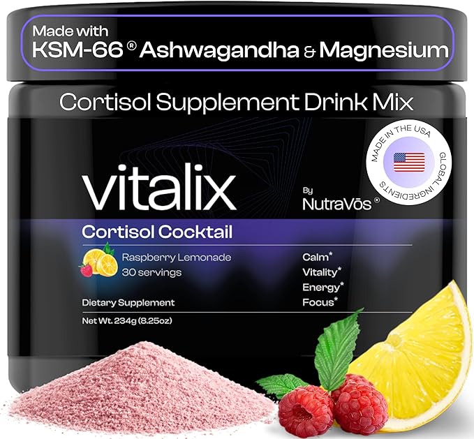 Vitalix – Cortisol Reducer & Adaptogen Drink Mix with Ashwagandha KSM 66, Magnesium Glycinate 200mg, L-Theanine 200mg, Vitamin C 500mg & Electrolytes – Raspberry Lemonade – 30 Servings