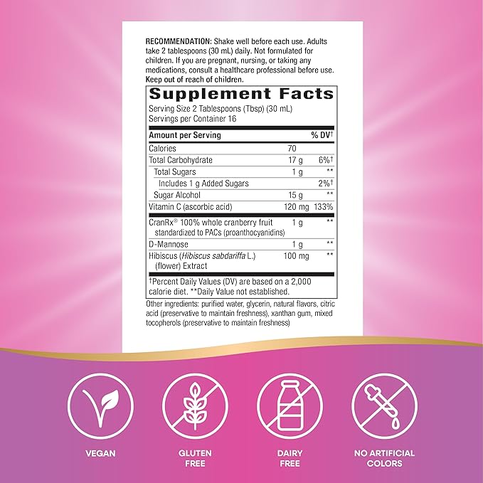 Nature's Way CranRx Extra Strength(1) Liquid, Supports Urinary Tract Health*, 1,000 mg Cranberry per 2-Tbsp Serving, D-Mannose, Vitamin C, Hibiscus, Gluten Free, Vegan, 16 Oz (Packaging May Vary)