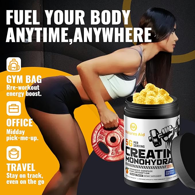 Natures Aid NSF Certified Creatine Gummy 5g - Creatine Monohydrate Gummies – Pre-Workout Energy & Muscle Growth Support for Men & Women | Orange Electrolyte Gummies (135 Count)
