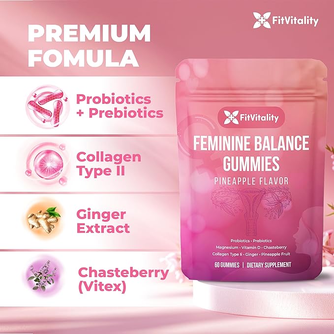 Premium 60 Feminine Balance Gummies – Probiotics, Collagen Type II, Chasteberry, Vitamin D & Magnesium – Gluten-Free, Natural Pineapple Flavor, Vegan