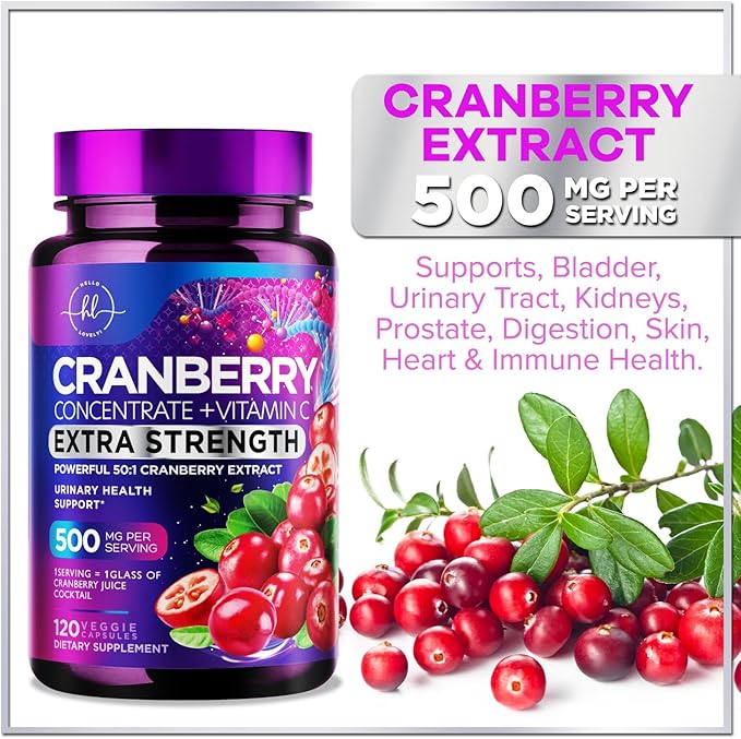 Cranberry Extract 500mg Per Serving Supplement Pills - 3X Strength Concentrated Whole Fruit Cranberry with Vitamin C, Triple Strength for Cleanse & Urinary Tract Health Support - 120 Capsules