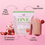VitaHustle ONE Vegan Strawberry Protein Powder - 20g Plant Protein Meal Replacement with 86+ Superfoods & Greens, Probiotics + No Bloat Digestive Blend - Dairy Free, Gluten Free (15 Servings)