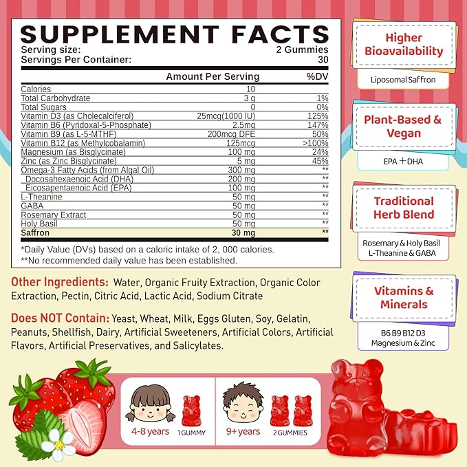 Liposomal Saffron Gummies for Kids 4+, Saffron Supplements w/Holy Basil, Rosemary, Magnesium Glycinate, Omega-3 & More, Brain Focus Support Supplement, Vegan, Organic, Sugar Free, 60 Chewables