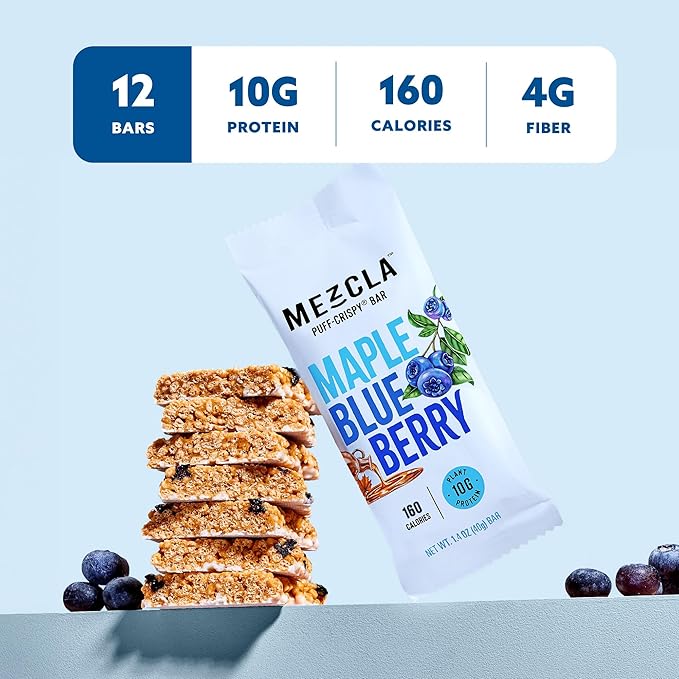 Mezcla Puff-Crispy Plant Based Protein Bars - Maple Blueberry - Healthy Snacks for Adults & Kids - Granola Bars for School, Travel, Office Snacks - Gluten Free, Vegan, Non GMO, 10g Protein - 12 Count