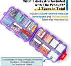 14 Grids Travel Pill Organizer Box with 415-Pcs Medicine Name Labels, Pocket Daily Pharmacy Case Container, Travel Medication Holder Dispenser Kit for Fish Oil Vitamin Supplement Storage -Clear Purple