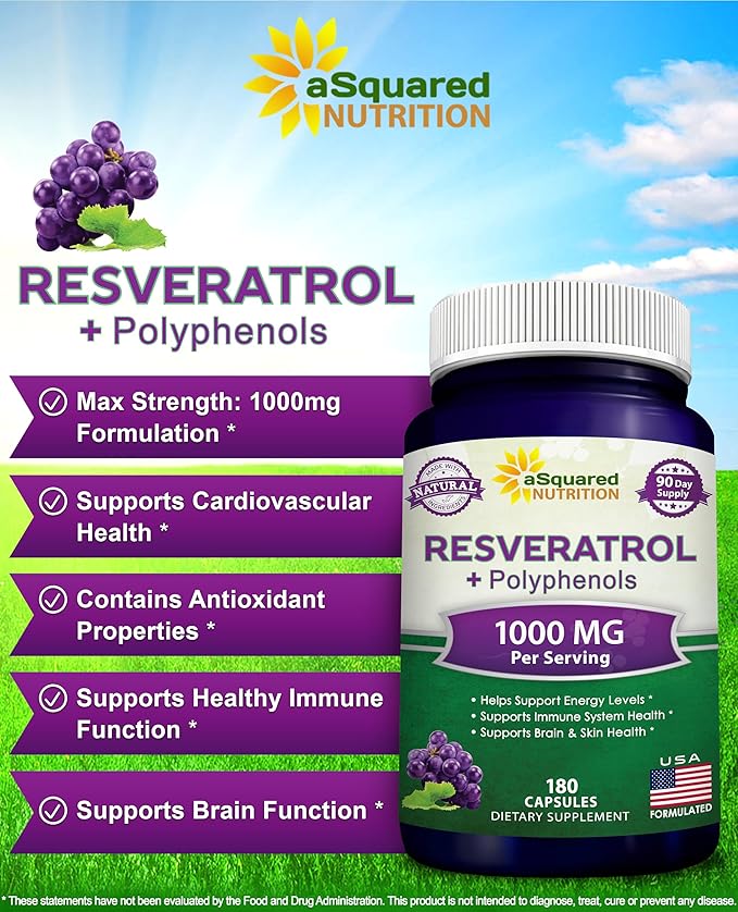 aSquared Nutrition Natural Resveratrol with Red Wine Extract - 180 Capsules - Trans Resveratrol Antioxidant Supplement Pills for Pure Heart Health - Extra Strength Trans-Resveratrol