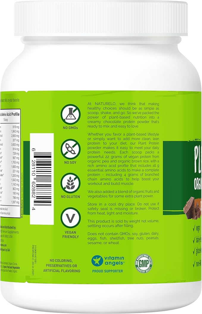 NATURELO Plant Protein Powder, Chocolate, 22g Protein - Non-GMO, Vegan, No Gluten, Dairy, or Soy - No Artificial Flavors, Synthetic Coloring, Preservatives, or Additives - 20 Servings