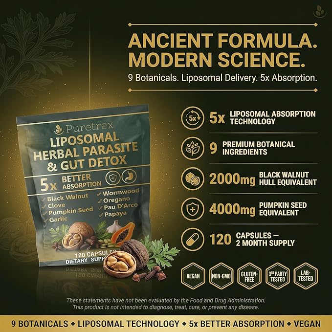 Liposomal Herbal Parasite & Gut Detox, 120 Capsules, 5X Better Absorption, with Black Walnut, Wormwood, Clove, Pumpkin Seed, Garlic, Oregano, PAU D'Arco, Papaya
