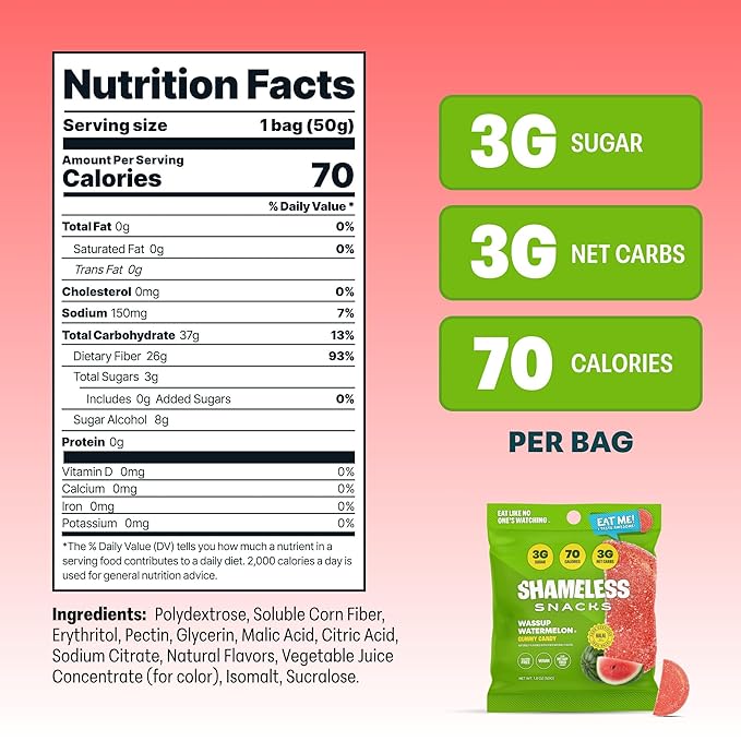 Shameless Snacks - Healthy Low Calorie Snacks, Low Carb Keto Gummies (Gluten Free Candy) - 6 Pack Wassup Watermelon