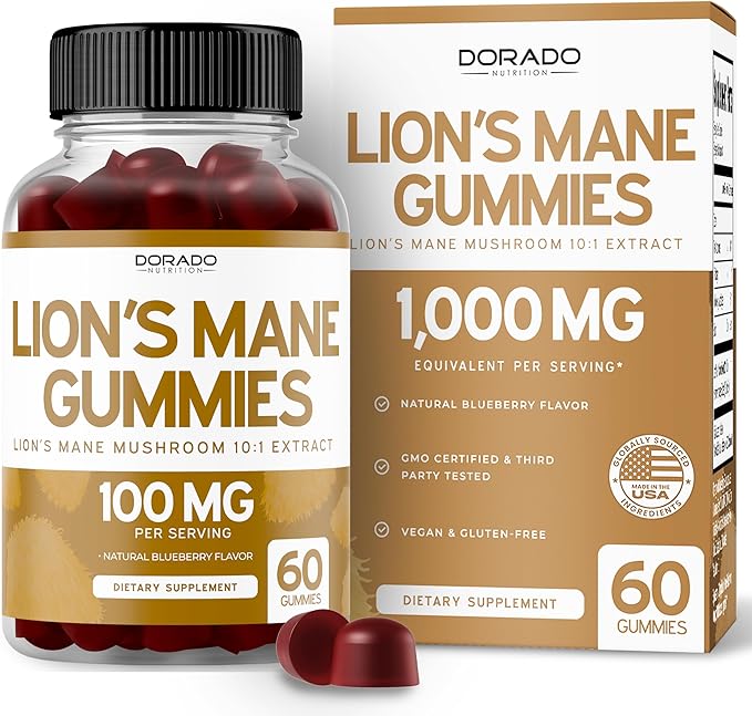 Lions Mane Mushroom Gummies (60 Count) Focus Gummies & Brain Mushroom Supplement for Adults - Delicious Blueberry Flavor - Premium Lions Mane Supplement - Third Party Tested, Vegan Safe & USA Made
