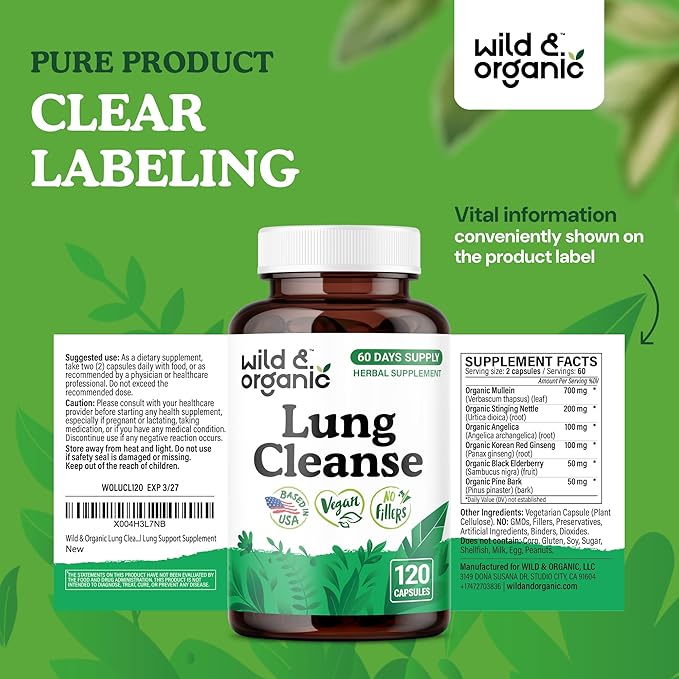 Wild & Organic Lung Cleanse Capsules - Lung Support Supplement with Mullein Leaf, Stinging Nettle, Angelica & Korean Panax Ginseng Powder - Vegan, No Fillers, Non-GMO - 120 Count