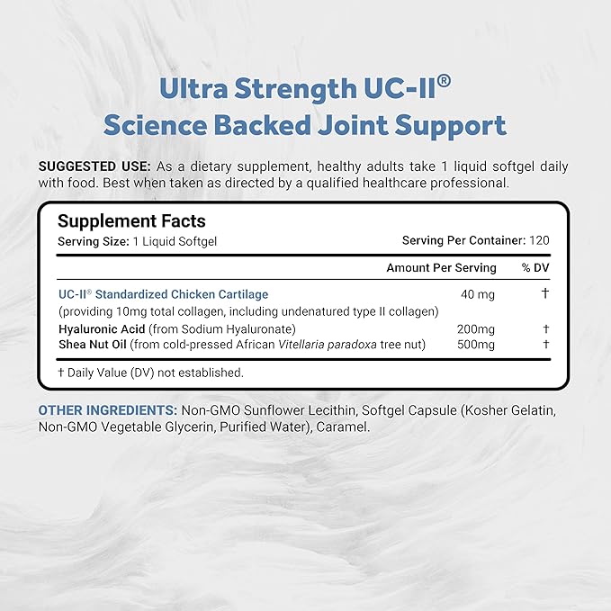 Naturalis UC-II 40 mg with Hyaluronic Acid and Shea Nut Oil | Enhanced Undenatured Type II Collagen for Better Joint Health, Mobility & Flexibility | Gluten-Free & Non-GMO | 120 Softgels
