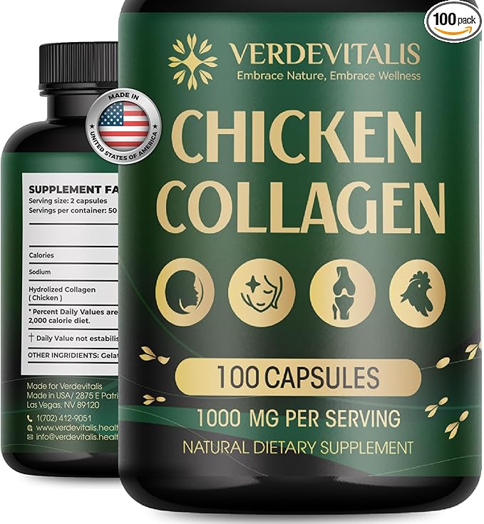 Chicken Collagen Type ii Capsules -Nutritional Supplement for Joint, Skin & Bone Support-Non-GMO, Anti-Aging Supplements with Hydrolyzed Collagen Peptides - 100 Capsules