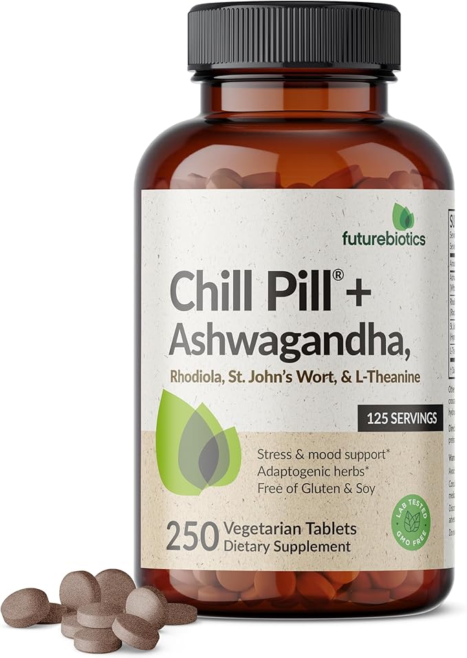 Futurebiotics Chill Pill + Ashwagandha, Rhodiola, St. John’s Wort, & L-Theanine - Non-GMO, 250 Vegetarian Tablets