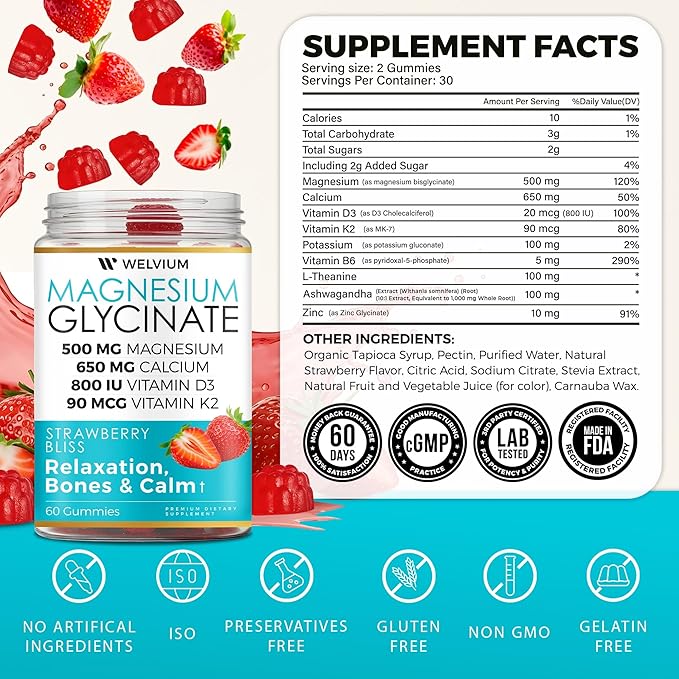 Magnesium Glycinate Gummies with Ashwagandha, L-Theanine - 500mg Magnesium Glycinate, D3, K2, B6, Calcium, Zinc, Potassium Supplement for Muscle, Immune and Bone Support, Chewable Magnesium