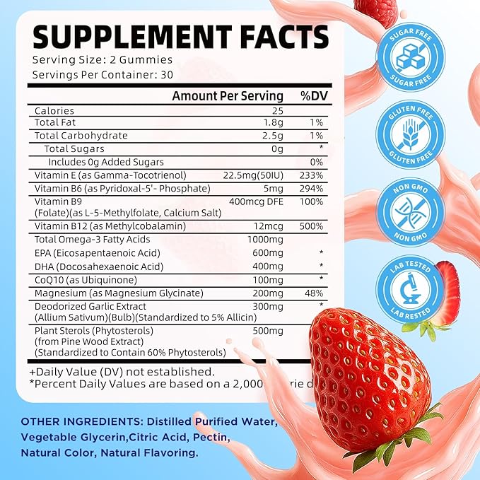 Vegan Omega 3 Gummies 1000mg + CoQ10 + Magnesium - w/Algae EPA 600mg & DHA 400mg, Fish Oil Omega-3 Supplements Alternative for Adults, for Brain, Eye, Immune Health, Strawberry Flavor, 60 Count