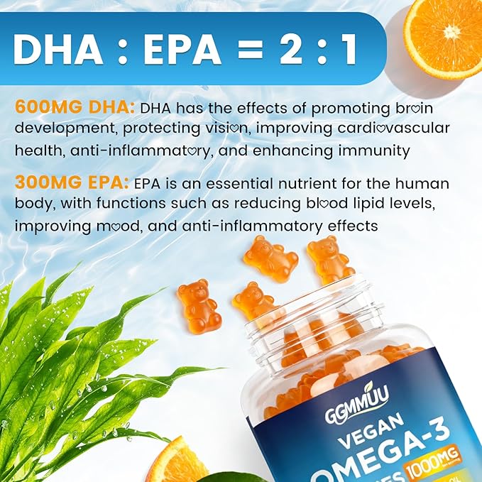 2 Pack Vegan Omega 3 Gummies 1000MG Algal Oil Omega 3 Supplement for Adults with Algae DHA 600mg & EPA 300mg Fish Oil Alternative - for Eye & Immune Health, Orange Flavor, 120 Count