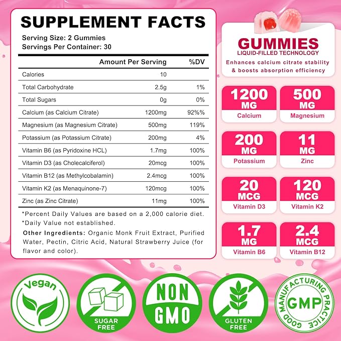 Calcium Citrate Gummies, Calcium Supplements for Women & Men, High Absorption Calcium Gummies with Vitamin D3, Magnesium & Zinc for Muscle, Bone & Immune Support, Strawberry Flavor, 60 Count