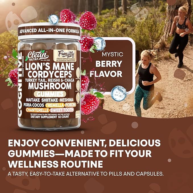 Clean Nutra Lions Mane Mushroom Gummies Cordyceps Supplement for Memory and Focus Immune Support Vitamins Reishi Chaga Turkey Tail Mushrooms Gummy Shiitake Maitake Meshima Supplements