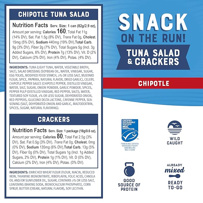 Bumble Bee Snack On The Run! Protein Snack Pack - 8g Protein per Box - Chipotle Tuna Salad with Crackers Kit - Ready to Eat Easy-Open Can - Wild Caught MSC-Certified Tuna (Pack of 1)