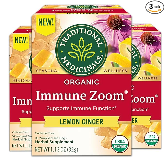 Traditional Medicinals Tea, Organic Immune Zoom Lemon Ginger - Supports Immune Function - Kosher, Non-GMO, Caffeine-Free, Compostable - 48 Tea Bags (3 Pack)