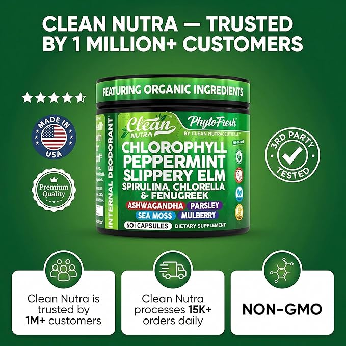 Clean Nutra Chlorophyll Capsules + Peppermint Slippery Elm Spirulina Chlorella Fenugreek Ashwagandha Sea Moss Supplement – Ph Balance for Women Detox Internal Deodorant Supplement + Prebiotics 60 Ct