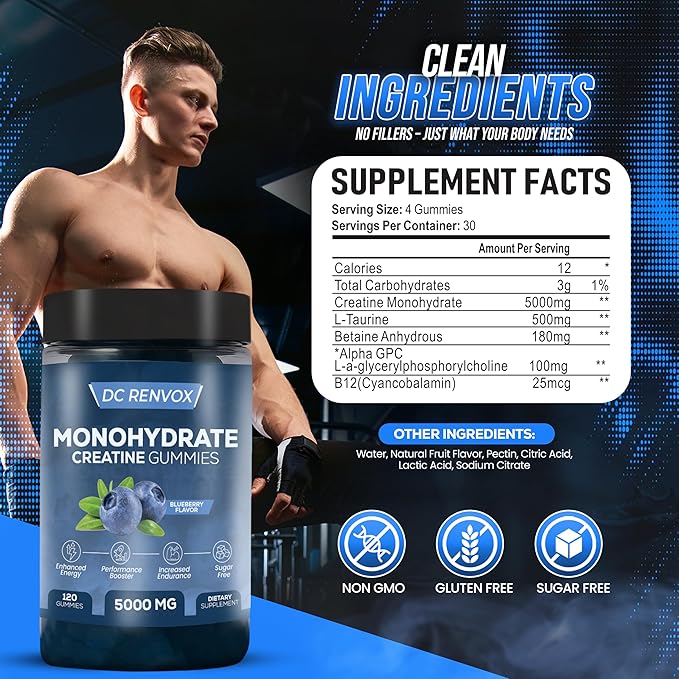 Creatine Monohydrate Gummies 5000 MG for Men & Women, Pre Workout gummys, Creatine Monohydrate for Muscle Growth, Strength & Energy Support , Flavored, 120 count Chewable Gummies, Blueberry Flavor
