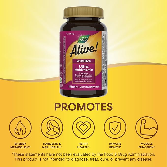 Nature's Way Alive! Ultra Multivitamin for Women, Complete Daily Women's Vitamins, High Potency Formula, Promotes Energy Metabolism and Muscle Function*, Vitamin A, C, D, Methylated B12, 150 Tablets
