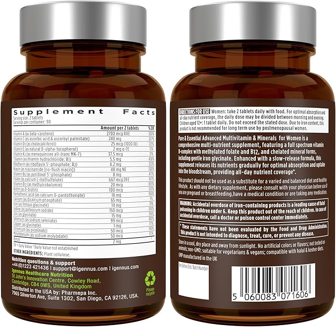 Igennus High Potency Methylated Multivitamin for Women, Pure & Clean Ingredients, MTHFR Supplement with Active B-Vitamins, Vitamin K2 MK7, Gentle Iron, Sustained Released, Non-GMO & Halal, 180 Tablets
