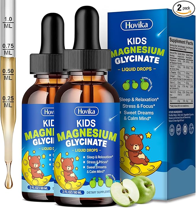 2 Pack Magnesium Liquid for Kids - with L-Theanine Omega-3, Vitamin B6, D3, Zinc - Kids Magnesium Glycinate Drops for Sleep, Relaxation, Calm & Focus - Green Apple Flavor