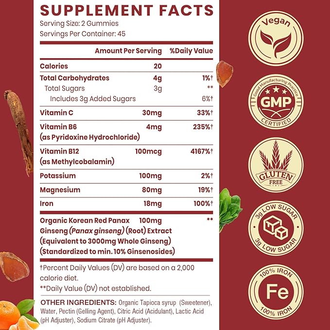Sapotax Korean Red Panax Ginseng Supplement Gummies - Iron Supplements for Women & Men - Iron Gummies with Vitamin C, B6, B12, Potassium & Magnesium, Vegan - 90 Count