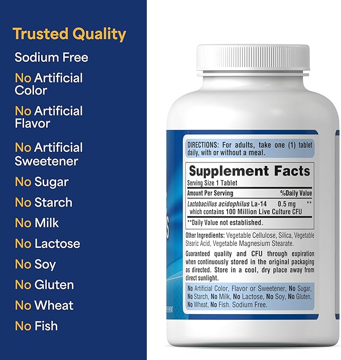 Puritan's Pride Daily Probiotic Acidophilus, 100 Million Live Cultures, Dietary Supplement for Digestive, Gut, and Immune Health, Soy, Sodium, and Gluten Free, 8 Month Supply, 250 Tablets