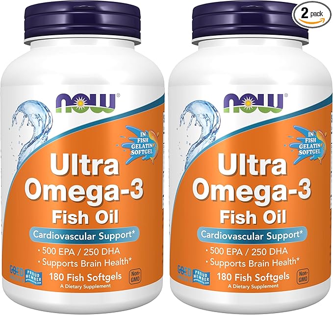 NOW Foods Supplements,Ultra Omega-3,500 EPA and 250 DHA,Cardiovascular Support*,180-Fish Gelatin Softgels,(Pack of 2)