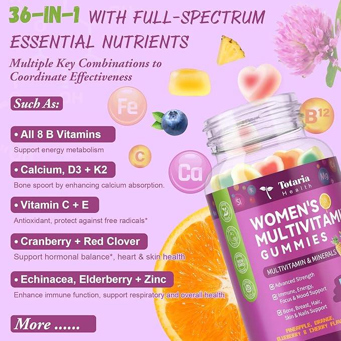 (2 Pcs) Totaria Sugar Free Multivitamin Gummies for Women 14+ w/Iron, Inositol, Folate, Biotin, Womens Daily Multivitamin Gummy w/Vitamin A, C, B, D3, K2, for Hair, Skin, Energy, Immune, Mixed Flavors