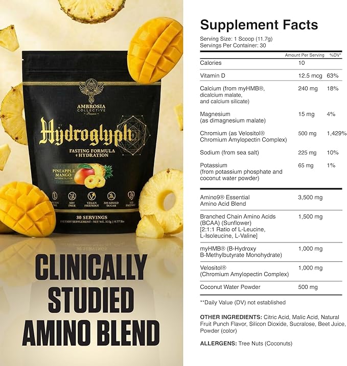 Ambrosia Hydroglyph Fasting Electrolytes Powder | Hydration Drink Mix with Amino Acids | Sugar Free Electrolyte Powder for Fasting & Intra Workout | 30 Servings, Pineapple Mango