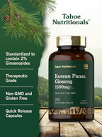 Tahoe Nutritionals Korean Panax Ginseng Extract 1500 mg | 200 Capsules | Supplement for Men & Women | Non-GMO and Gluten Free