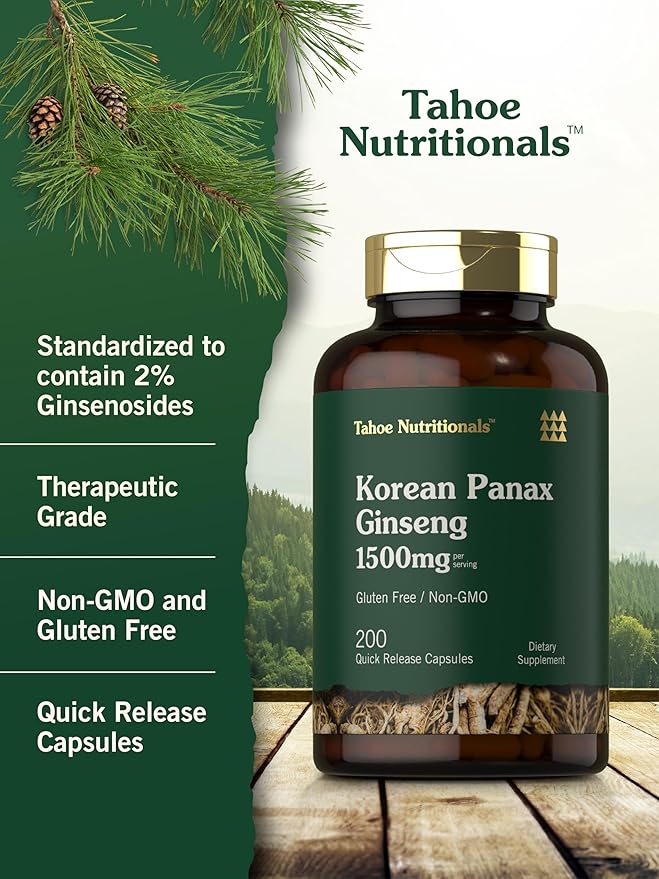 Tahoe Nutritionals Korean Panax Ginseng Extract 1500 mg | 200 Capsules | Supplement for Men & Women | Non-GMO and Gluten Free