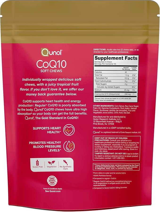 Qunol CoQ10 200mg Soft Chews,Extra Strength & Ultra High Absorption Coenzyme Q10 Supplement,#1 Cardiologist Recommended Supplement for Heart Health,90 Count (Pack of 2)
