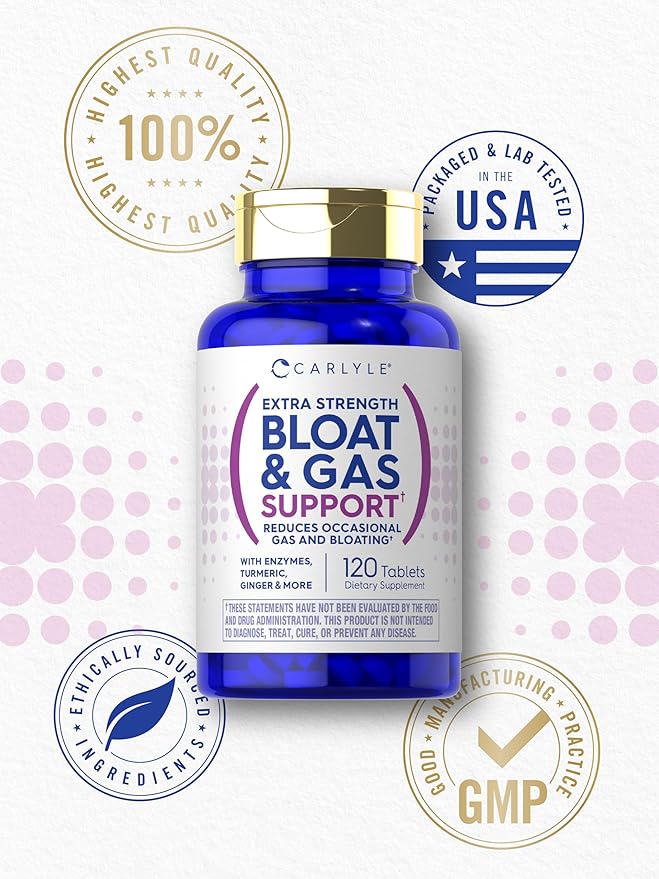 Carlyle Bloat & Gas Support for Men & Women | 120 Tablets | Extra Strength Pills | Supplement with Enzymes, Turmeric, Ginger & More | Non-GMO & Vegetarian Formula