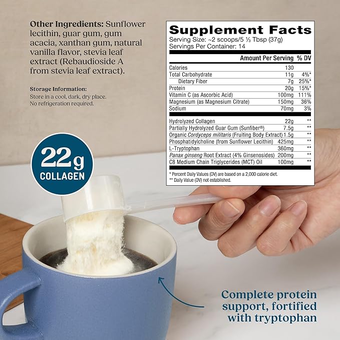 Bulletproof Energy Collagen Protein Powder, Vanilla Bean, 20g Grass-Fed Collagen Peptides, 7g Fiber with MCT Oil & Adaptogens, Caffeine-Free, 18.3 Ounces