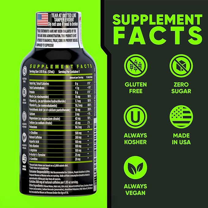 Vitamin Energy Workout+ Extra Strength Energy Shot Sour Apple 8 Pack, 260mg Natural Caffeine, Pre-Workout, B-Vitamins, Minerals, Endurance & Performance, Zero Sugar, Gluten-Free, Vegan, 1.93 fl oz
