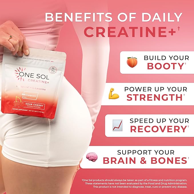 One Sol Creatine for Women, All Natural Women’s Creatine Powder w Creapure & Leucine, Increase Lean Muscle Mass, Reduce Recovery Time, Promotes Brain & Bone Health (Sour Cherry, 60 Servings)