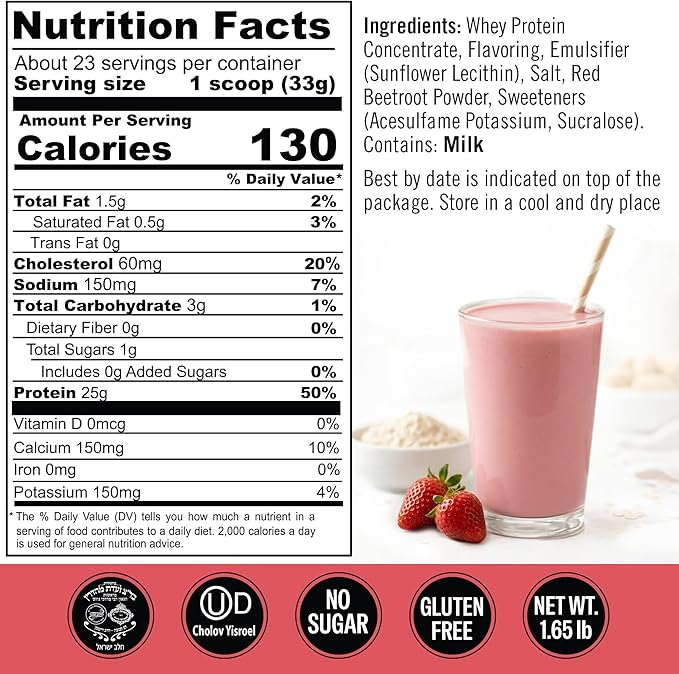 Strawberry Whey Protein Powder. 25g Protein Shake for Post Workout Recovery, Smoothie & Baking. Gluten & Sugar Free, Highly Kosher, Essential Amino Acids (5.5g BCAA, 2.7g Leucine), 1.65lbs 23 Servings