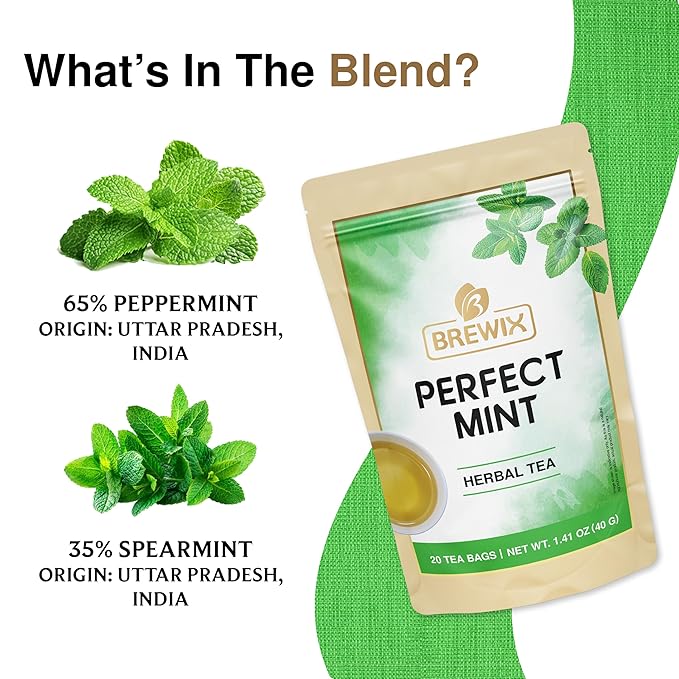 BREWIX, Perfect Mint Tea (20 Pyramid Tea Bags) | Soothing Mint Blend for Digestion Support & Daily Calm | Calming, Fresh and Cool | Caffeine Free Herbal Tea | No Sugar & No Caffeine | Spearmint and Peppermint
