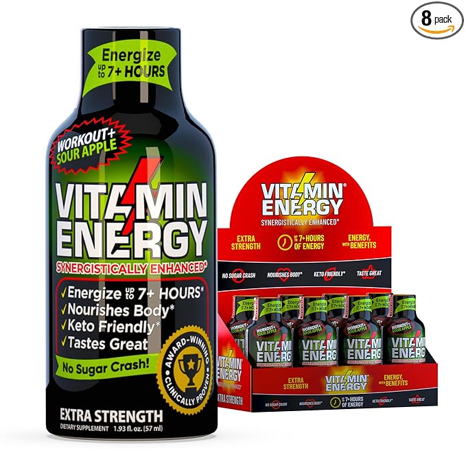 Vitamin Energy Workout+ Extra Strength Energy Shot Sour Apple 8 Pack, 260mg Natural Caffeine, Pre-Workout, B-Vitamins, Minerals, Endurance & Performance, Zero Sugar, Gluten-Free, Vegan, 1.93 fl oz